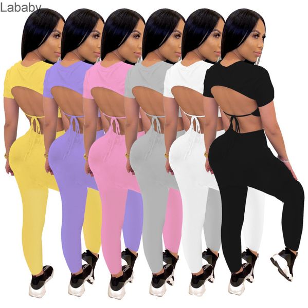 

women tracksuit printed open back lace up short sleeve pants two pieces outfits designer clothes 2021 ladies 2 piece jogger sets, White