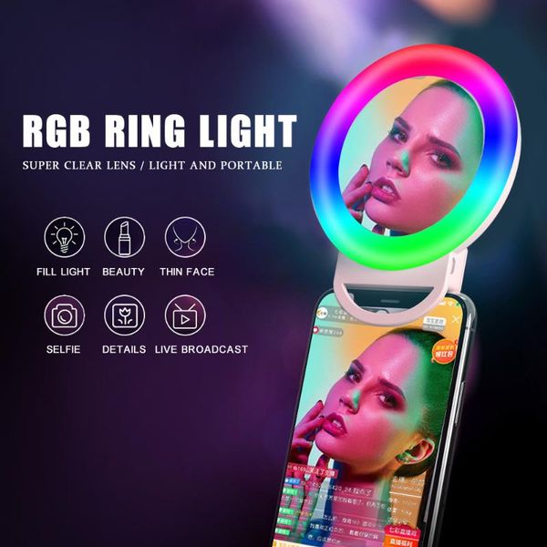 

flash heads rgb selfie ring light mini mobile phone lights with makeup mirror clip-on led lamp for tiktok youtube video ringlight