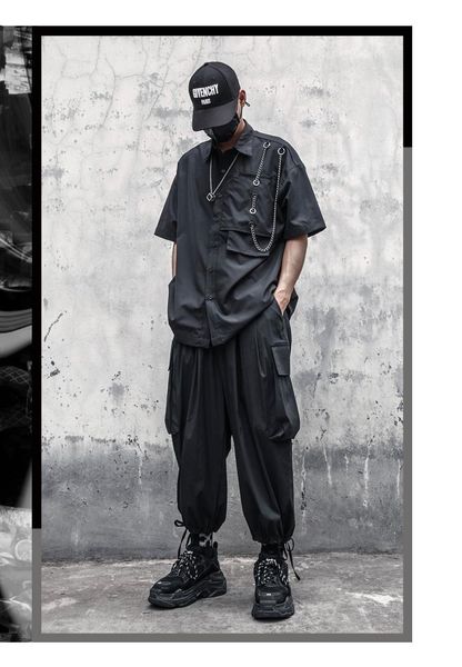 

men's pants dark solid men's summer thin loose plus-size trend knickers with large side pockets and nine-point wide legs, Black