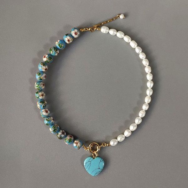 

chokers 2021 hand-made exquisite blue heart pendant necklace cloisonne beads bohemian jewelry beautiful choker gift for ladies, Golden;silver