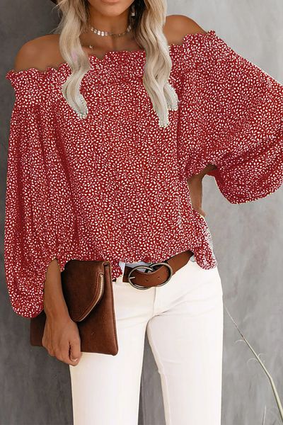 

women's t-shirt slash neck chiffon shirts off-the-shoulder long puff sleeves loose casual women, White