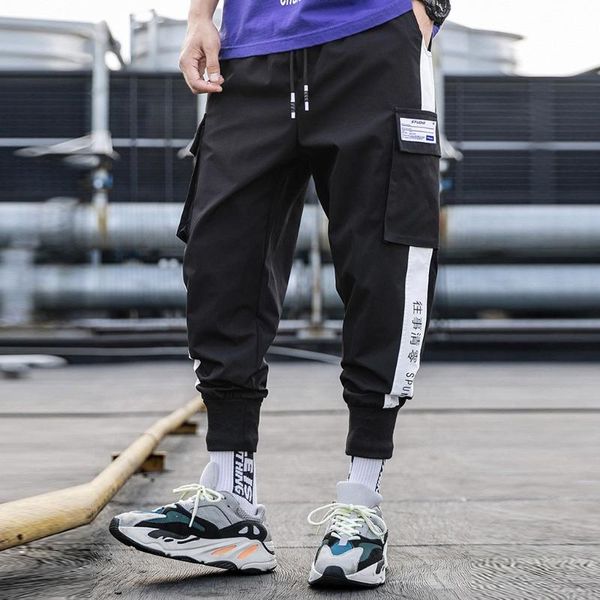 

men's thin solid color pocket slacks, elastic bands, men's loose and comfortable foot trousers, trendy pants#g30, Black