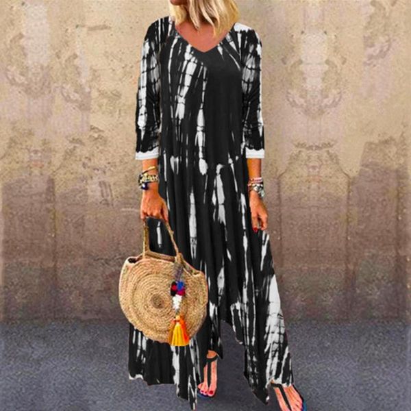 

casual dresses women's summer dress tie-dye print long sleeve loose beach holiday maxi robe femme vestidos, Black;gray