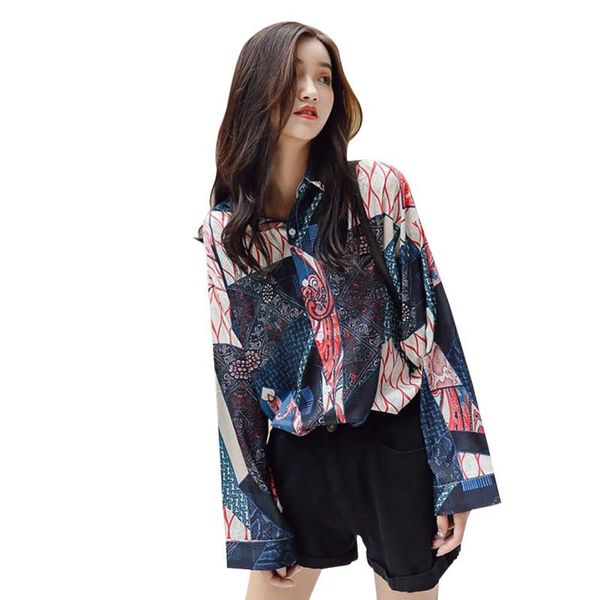 

blouse women underwear cartoon print lapel shirt loose womens single-breasted long sleeve blouse ropa verano mujer*, White
