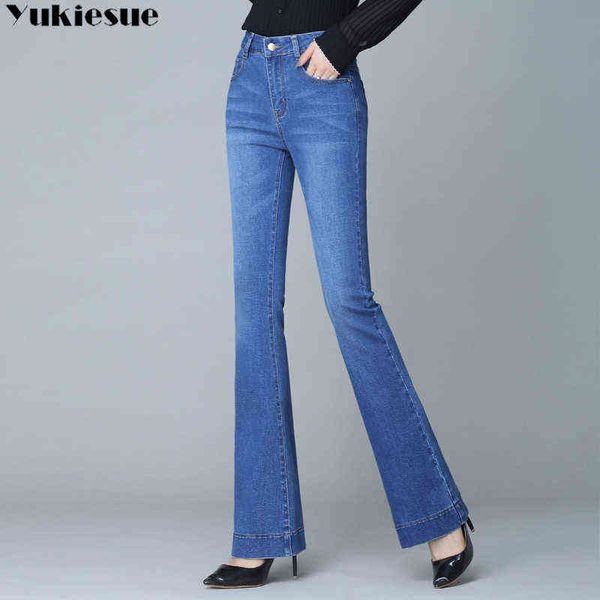 Mulheres Alto Cintura Denim Calças De Jeans Stretch Stretch Slim Bell Calças Bottom Calças Retro Flare Calças Rua Moda Pantalones Vintage 211129