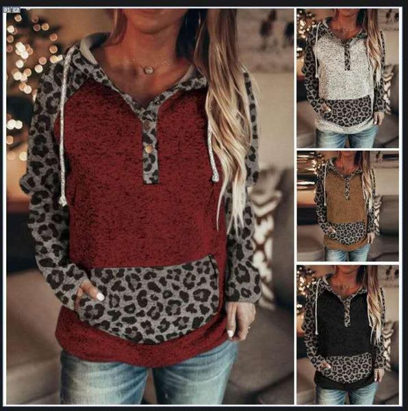 

women's hoodies & sweatshirts autumn and winter leopard stitched breasted half open hooded sweater, Black