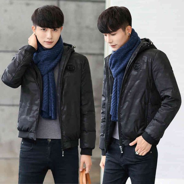 

winter warm hooded men's down jackets casual duck coats & short outwear male camoufalge parkas jk-139, Black