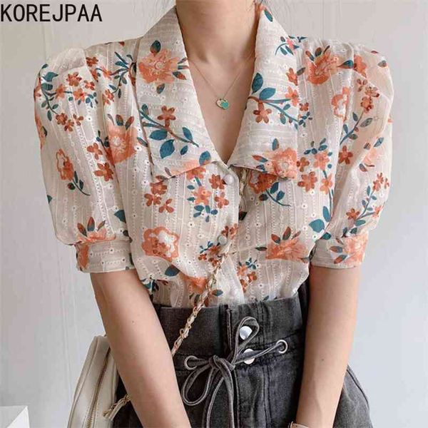 KOREJPAA Женская рубашка Летняя Корейский Chic Western Style Lapel Однобортный Вышитый Вырезные Цветочные Короткие Руканые Блузки 210526