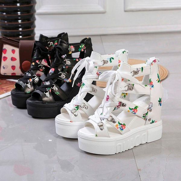 

sandals height increasing 2021 woman open toe t-tied ankle strap platform shoes female summer ladies casual, Black