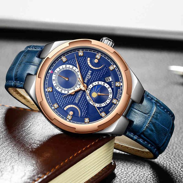 

boyzhe purchase men business casual automatic mechanical clock moon phase mulifunction waterproof pulse storage for reloj hombre, Slivery;brown