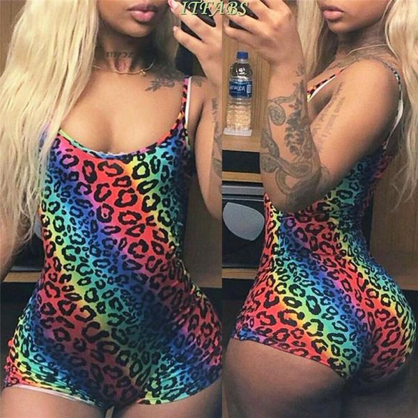 

women's jumpsuits & rompers women ladies stretch leotard playsuits summer sleeveless strap bodycon clubwear rainbow leopard printed sun, Black;white