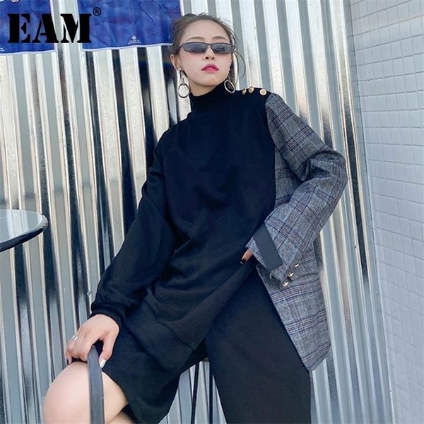 

[eam] loose fit plaid spliced irregular sweatshirt new round neck long sleeve women big size fashion spring autumn 1dc332 201126, Black