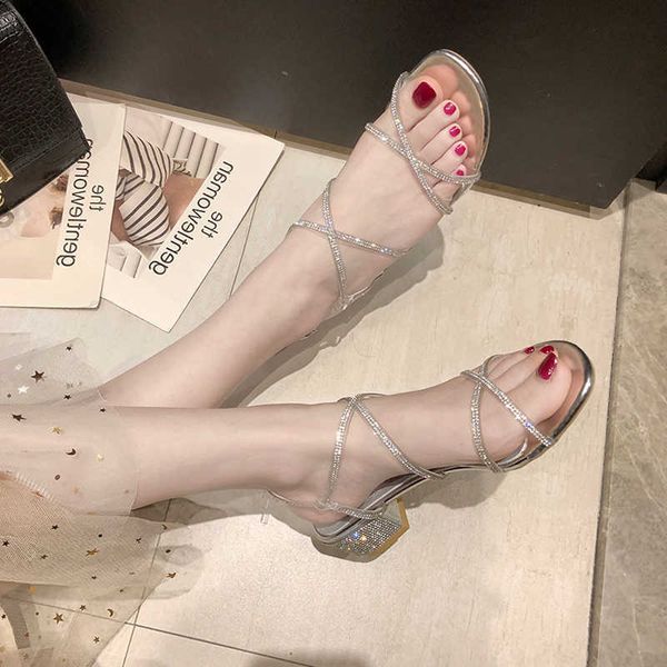 

summer slip-on party women shiny sandals fashion women temperament sandals high heels round head non-slip shoe ladies 210611, Black