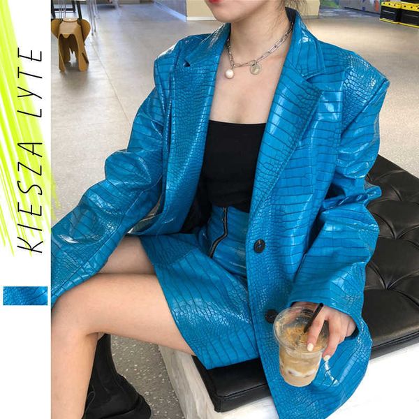 

womens pu leather jacket spring blue alligator print notched long sleeve suit blazer fashion high street outerwear 210608, White;black