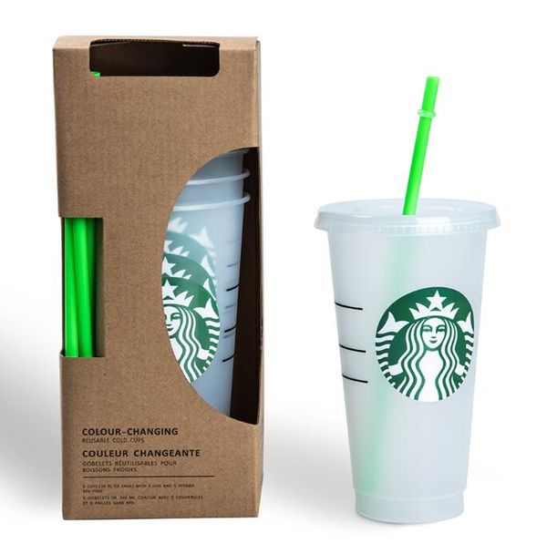 

dhl starbucks 24oz/710ml plastic tumbler reusable clear drinking flat bottom cup pillar shape lid straw mug bardian