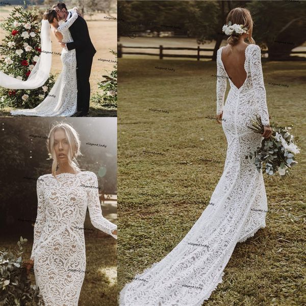 

backless bohemian mermaid wedding dresses 2021 full lace long sleeve vestido de noiva sweep train country beach bridal dress, White