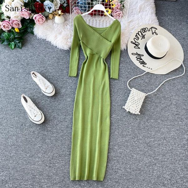 

casual dresses 2021 autumn winter cross v neck sweater dress women sheath knitted ladies slim long sleeve bodycon, Black;gray