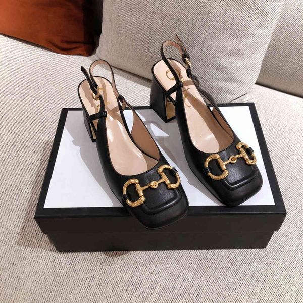 

slippers sandals square head mary jane high heels 2021 spring and summer horse buckle thick heel shoes women's candy color back emptyzl, Black