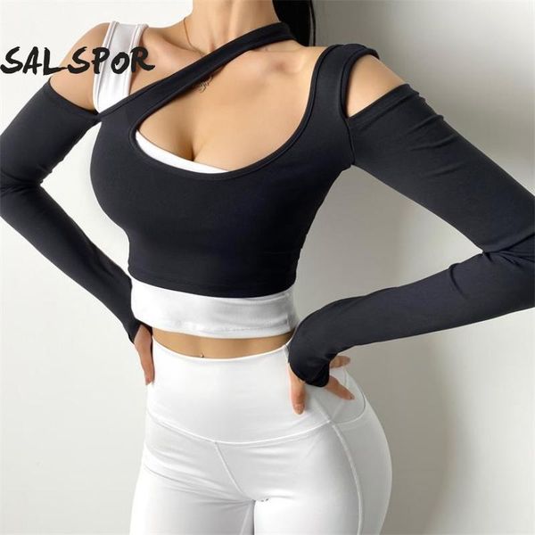 

yoga outfit salspor women long sleeve t shirts exercise fake two-piece shoulder hollow out gym running quick dry sports