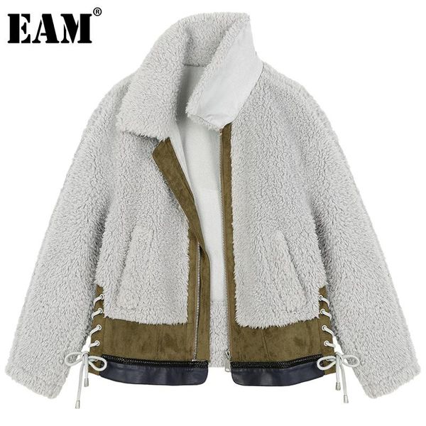 

[eam] loose fit imitation lambswool big size short jacket new lapel long sleeve women coat fashion autumn winter 2021 1dd3656, Black;brown