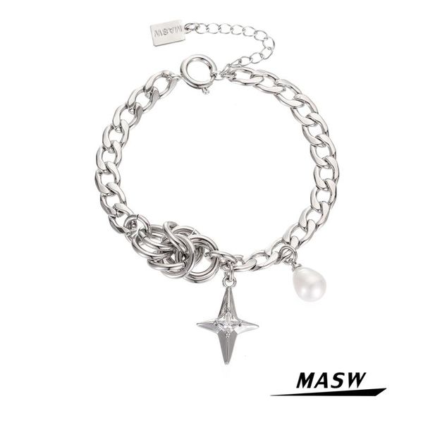 

link, chain masw original design fashion women bracelet 2021 trend star zircon pearl brass trendy jewelry gift, Black
