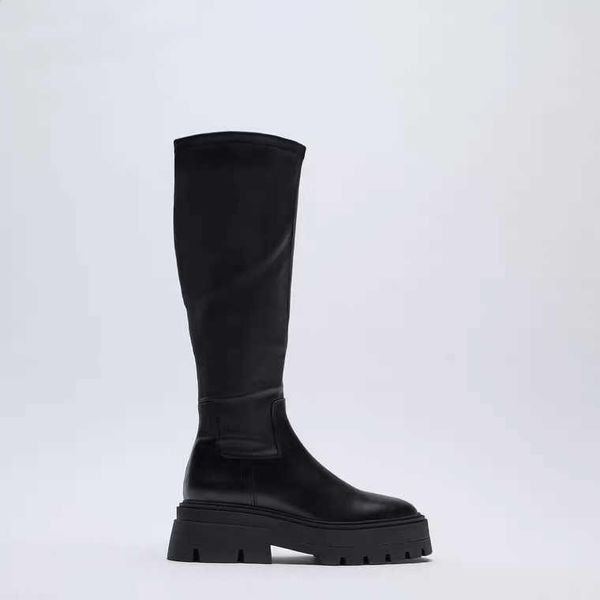 

boots zar# women's shoes black groove sole knee length thick soled high leather