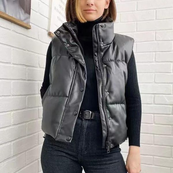 

vintage women pu leather down vest 2021 spring-autumn fashion ladies waterproof waistcoats casual female chic outerwear girls, Black