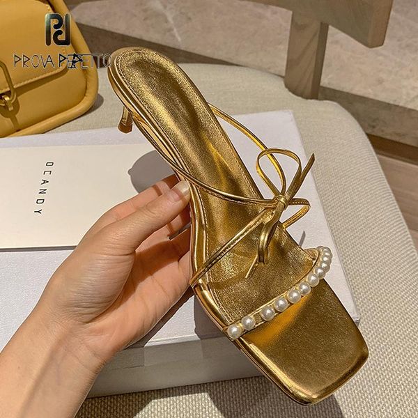 

slippers pearl square toe open stiletto high-heeled summer style golden bow personality sandals women, Black