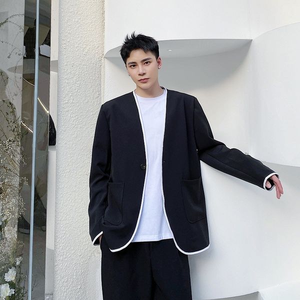 

men's suits & blazers men no collar white border casual coat male vintage fashion jacket p5h2, White;black