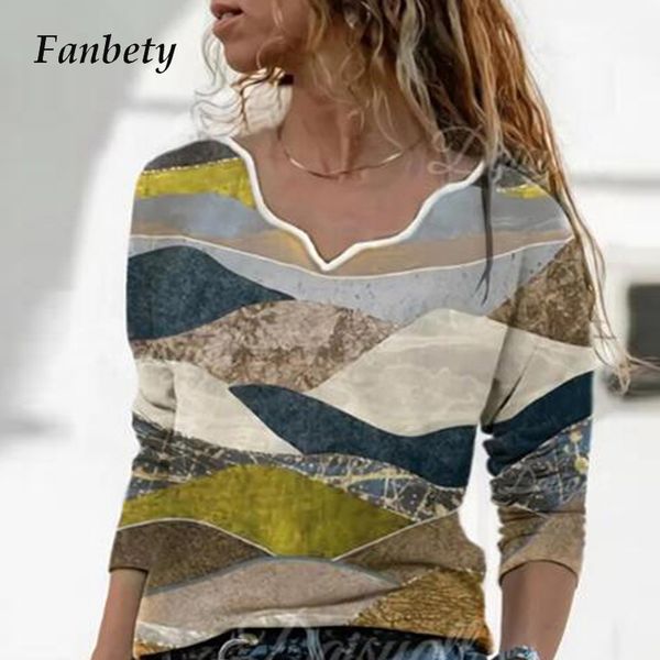 

women's blouses & shirts women elegant wave v neck long sleeve casual loose retro printed pullover spring vintage plus size s, White