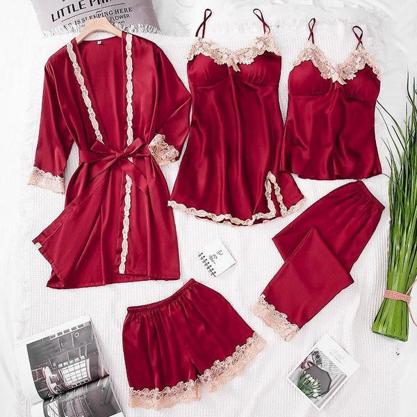 

winter 5pcs lace satin pajamas pyjamas set female slik pijama for women summer sleepwear lingerie nightwear with chest pads, Black;red