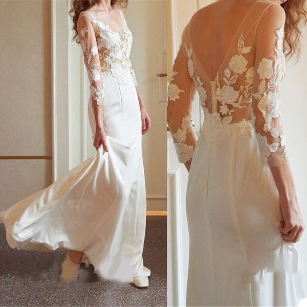 2021 Splendidi abiti da sposa a sirena con scollo a V Applicazioni in pizzo Sweep Train Abito da sposa stile Chruch realizzato su misura