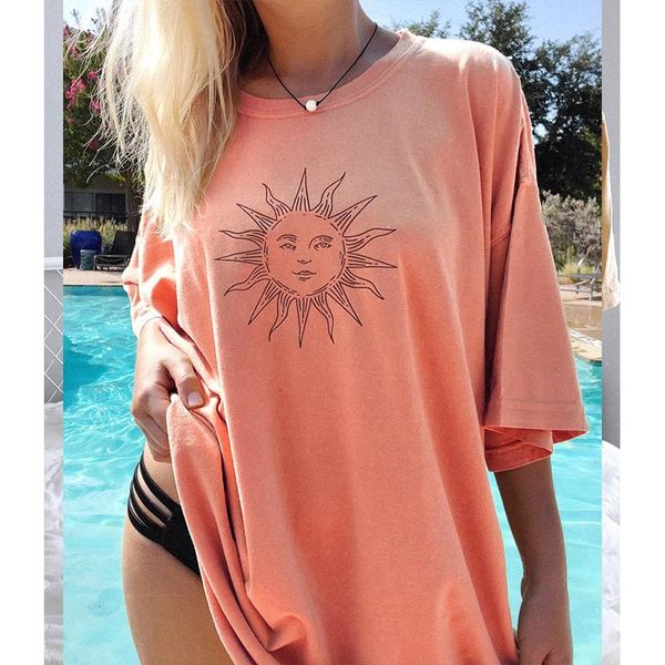 

women's t-shirt pink sun face print graphic t shirts for women 2021 summer plus size punk clothes casual loose short sleeve kawaii fash, White