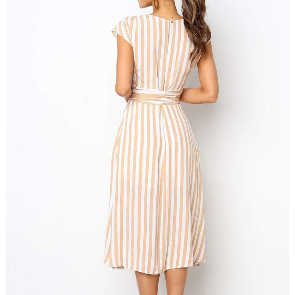 

2021 new women elegant short sleeve blue striped v neck drawstring high waist long party vacation clothes m1gr, Black;gray