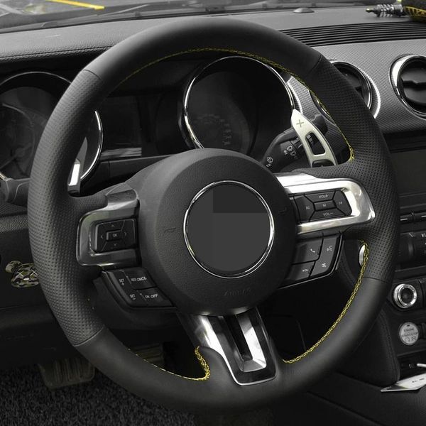 

steering wheel covers diy hand-stitched non-slip black artificial leather car cover for mustang 2021-2021 / gt
