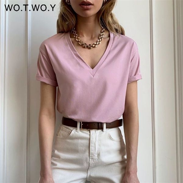 WOTWOY Summer Knitted V-neck T-Shirt Women Cotton Basic Solid Tee Shirt Feminino Manga Curta Kintwear Tops Harajuku Tshirt Senhoras 220307