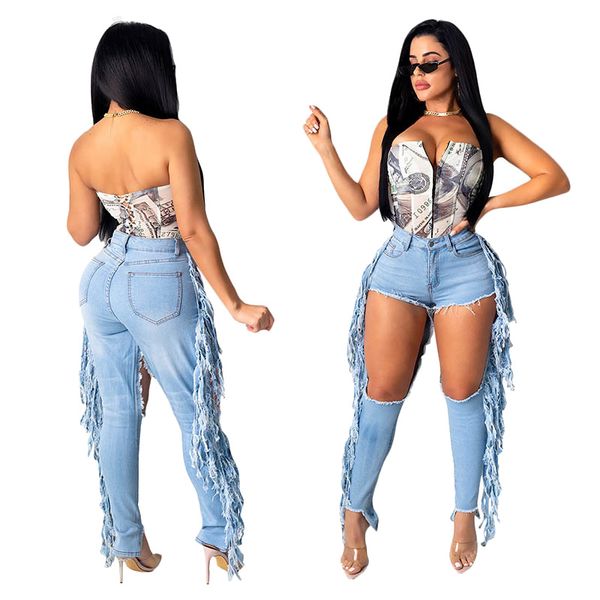 

denim trousers women jeans tattered frayed by hand woman casual street tight pencil pants high waist summer comfortable, Blue