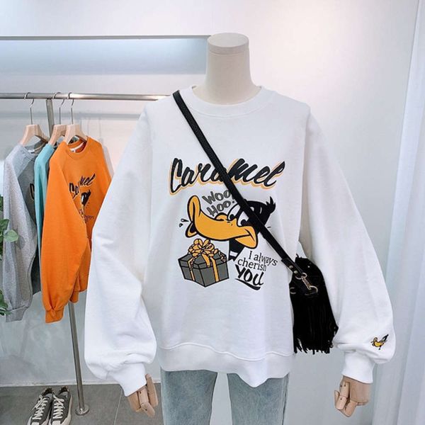 

large loose 2021 spring new cotton sweater women's cartoon printing long sleeve fat mm fashion clothes, Black