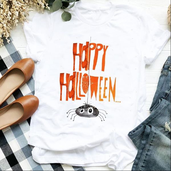 

women lady pumpkin cute spider happy autumn fall halloween print tshirt shirt clothes graphic female t tee womens t shirt, White