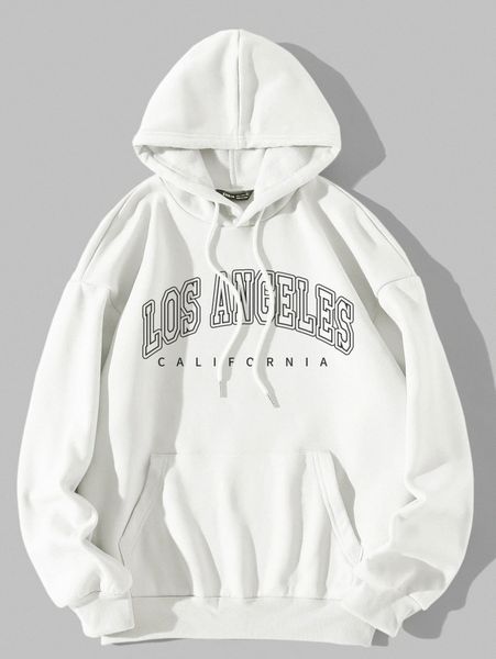

letter graphic kangaroo pocket drawstring thermal hoodie t1ei#, White;black