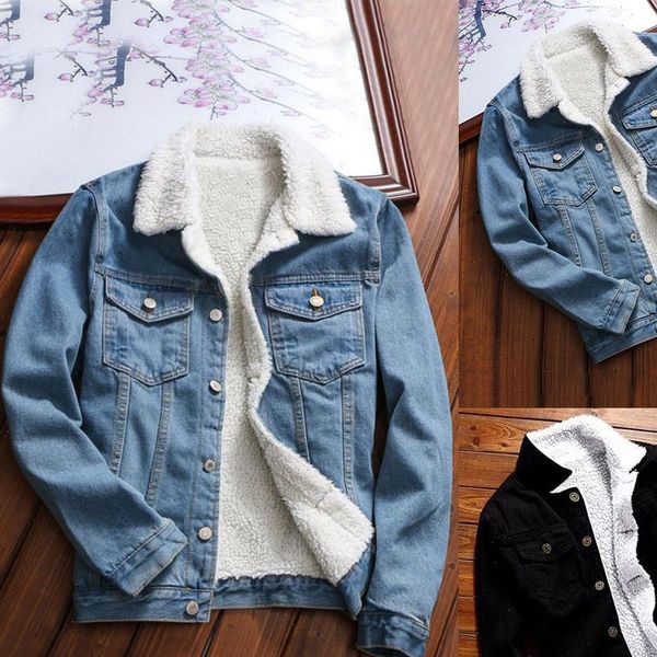 

women denim jacket with fur plus size warm vintage denim jacket long sleeve loose coat outwear zer, Black;brown