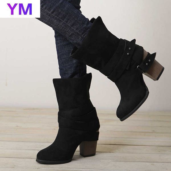 

new rome style ankle boots women round toe med square heel boots winter zipper warm boots band decoration flock boot zapatos y0914, Black