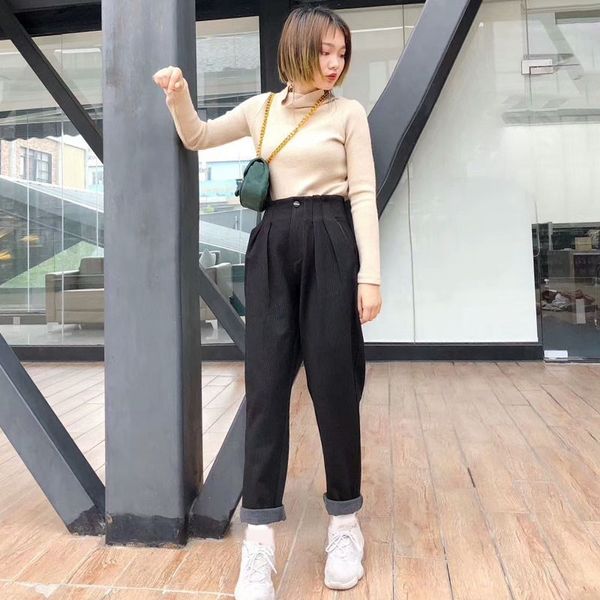 

corduroy harem pants female high waist large sizes black long trousers for women autumn fashion casual 2021 tide, Black;white