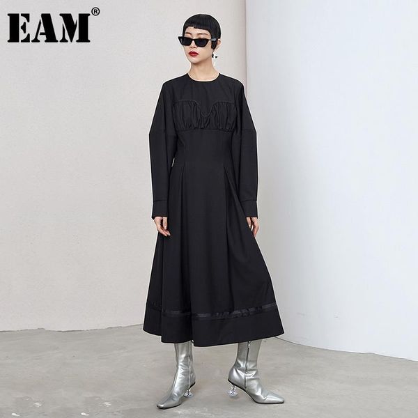 

[eam] women black wrinkled elegant long dress round neck sleeve loose fit fashion tide spring autumn 2021 1dd0301 casual dresses, Black;gray