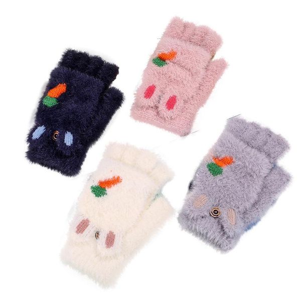 

five fingers gloves sparsil woman cartoon half finger with flip female autumn winter warm knitted antlers glove ears mittens, Blue;gray