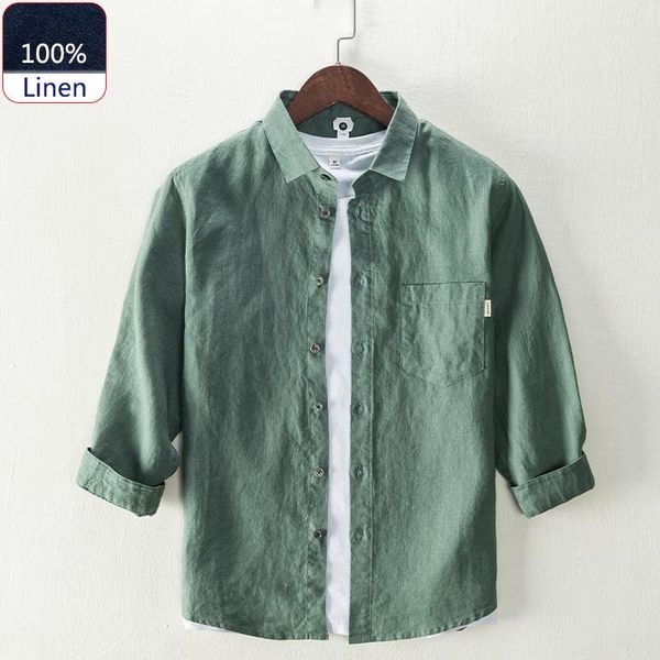 

new summer pocket shirt men's 100% linen casual loose long-sleeved solid color shirt male l849, White;black