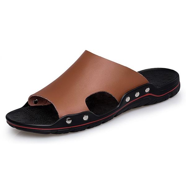

slippers men genuine leather soft casual outdoor flat shoes flip flop big size 38-48, Black