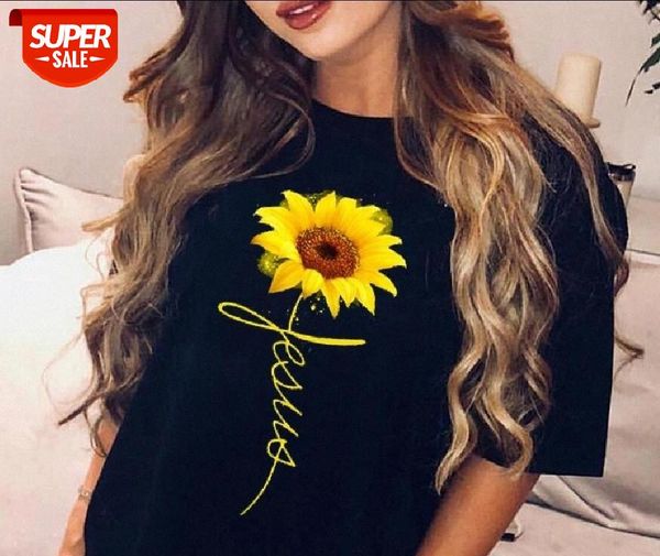 

sunfiz hjn jesus love you black tees women sunflower jesus christian t-shirt short sleeves summer casual black tee #zk8b, White
