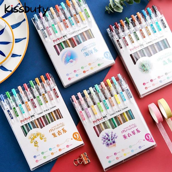 Jel Pens 9pcs/Set Vintage Renk Kalemi Geri Çekilebilir Hızlı Kuru 0.5mm Bağlayıcı Klipsi Yumuşak Kauçuk Kavrama DIY El Hesabı Günlük Kırtasiye