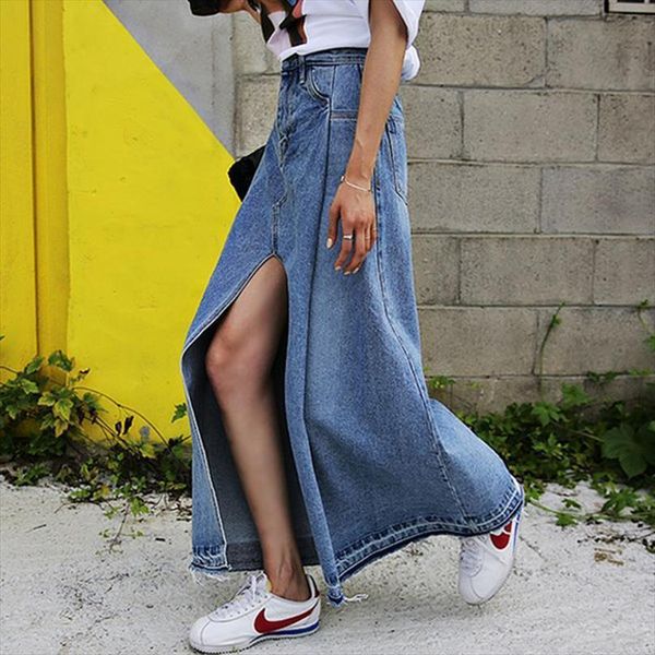 

high spilt long maxi womens skirt denim plus size waist retro jeans women, Black